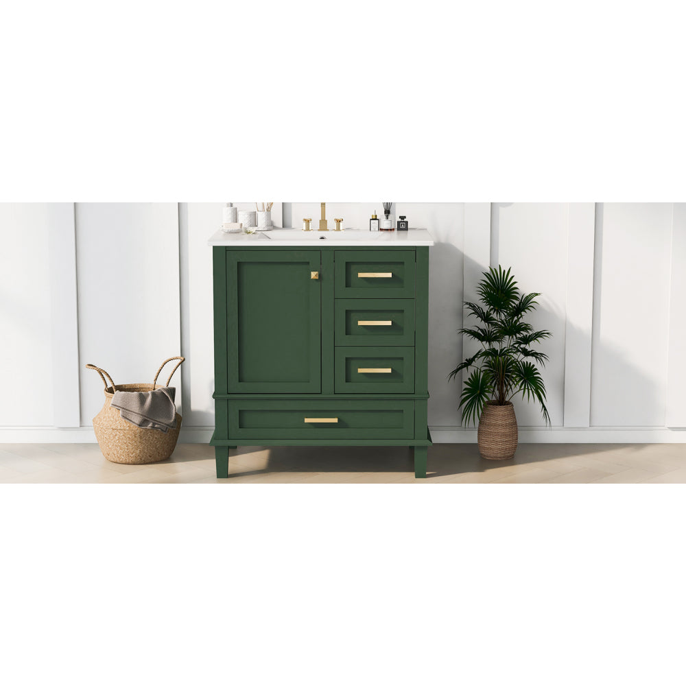 30" Bathroom Vanity in Green, Modern Bathroom Cabinet with Sink Combo Set, Bathroom Storage Cabinet with a Soft Closing Door and 3 Drawers, Solid Wood Frame