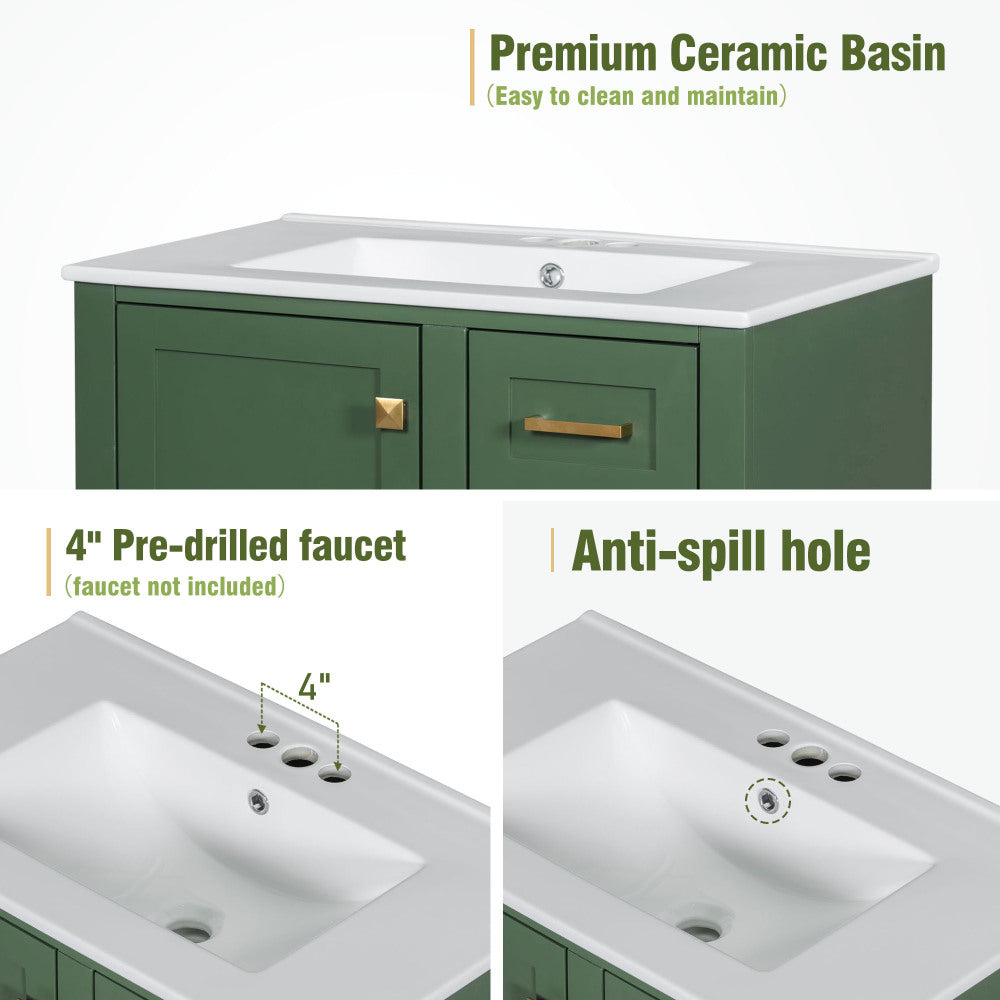 30" Bathroom Vanity in Green, Modern Bathroom Cabinet with Sink Combo Set, Bathroom Storage Cabinet with a Soft Closing Door and 3 Drawers, Solid Wood Frame