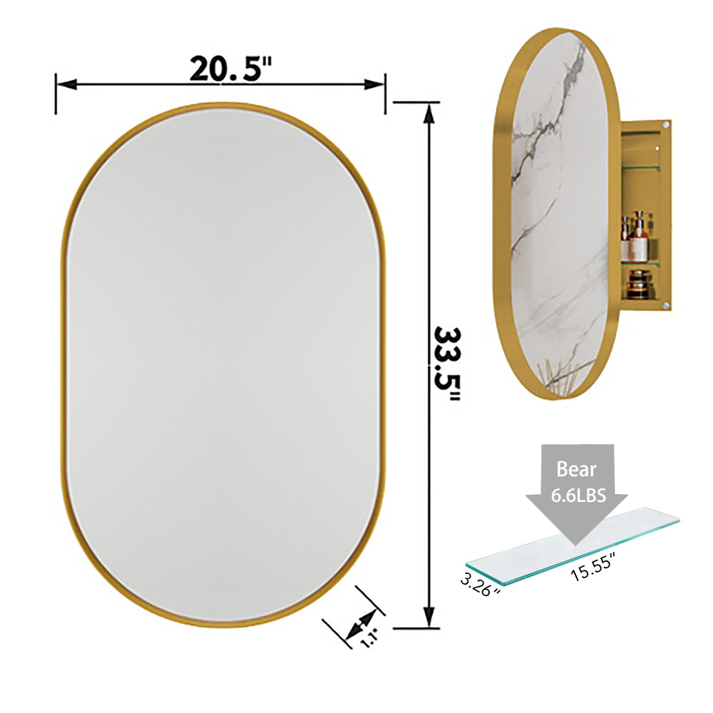 24x36 Inch Arched Recessed Medicine Cabinet, Metal Framed Bathroom Wall Cabinet with Mirror and Adjustable Shelves, Wall Mirror with Storage for Bathroom, Matte Gold