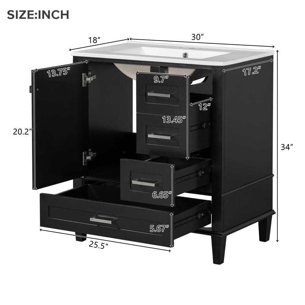 30" Bathroom Vanity in Green, Modern Bathroom Cabinet with Sink Combo Set, Bathroom Storage Cabinet with a Soft Closing Door and 3 Drawers, Solid Wood Frame