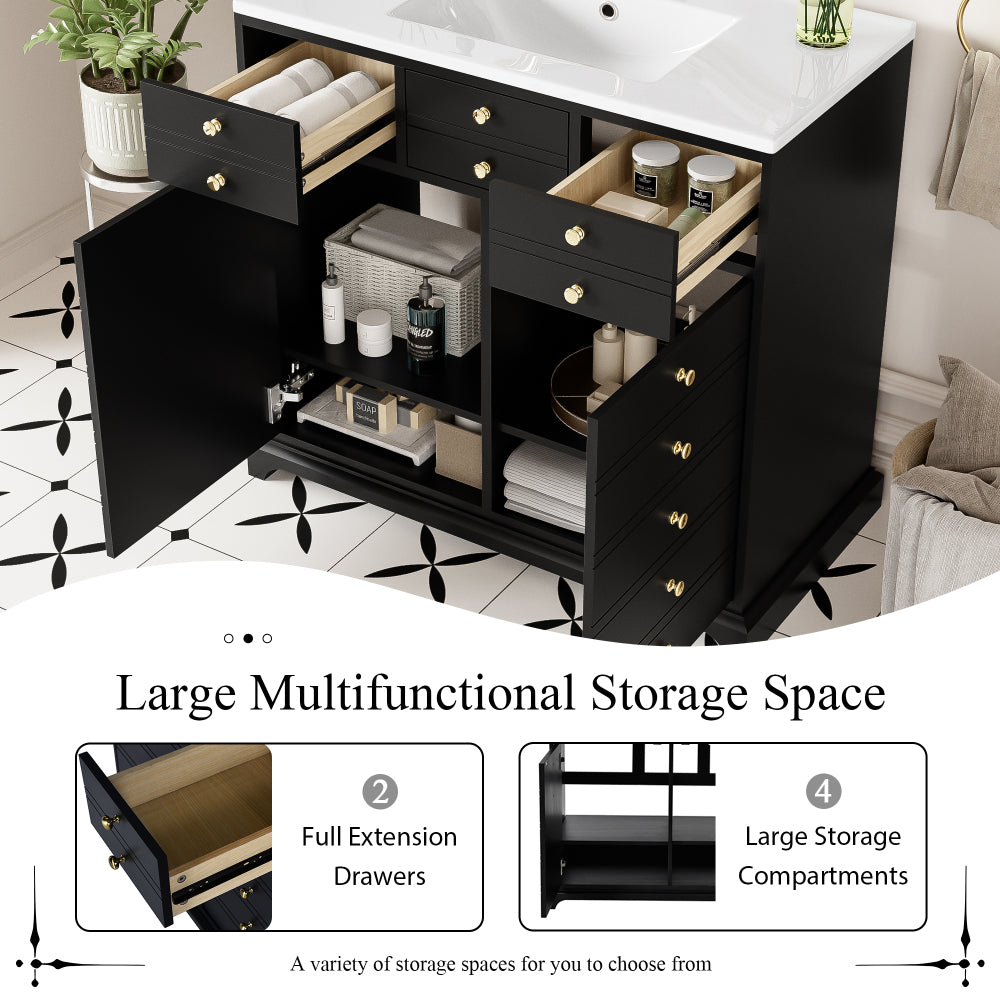 36'' Bathroom Vanity with Resin Sink Combo, Solid Wood Frame Bathroom Storage Cabinet, Freestanding Vanity Set with 2 Drawers& Soft Closing Doors, Black