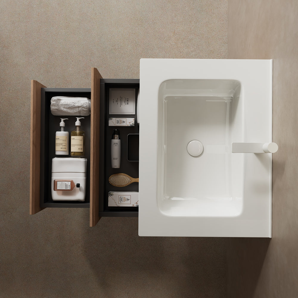 BRON 36" Bathroom Vanity with Sink, Modern Wall-Mounted Floating Plywood Bathroom Storage Cabinet with 2 Drawers, White Ceramic Basin with Sink Hole Cover and Drain, Natural Walnut