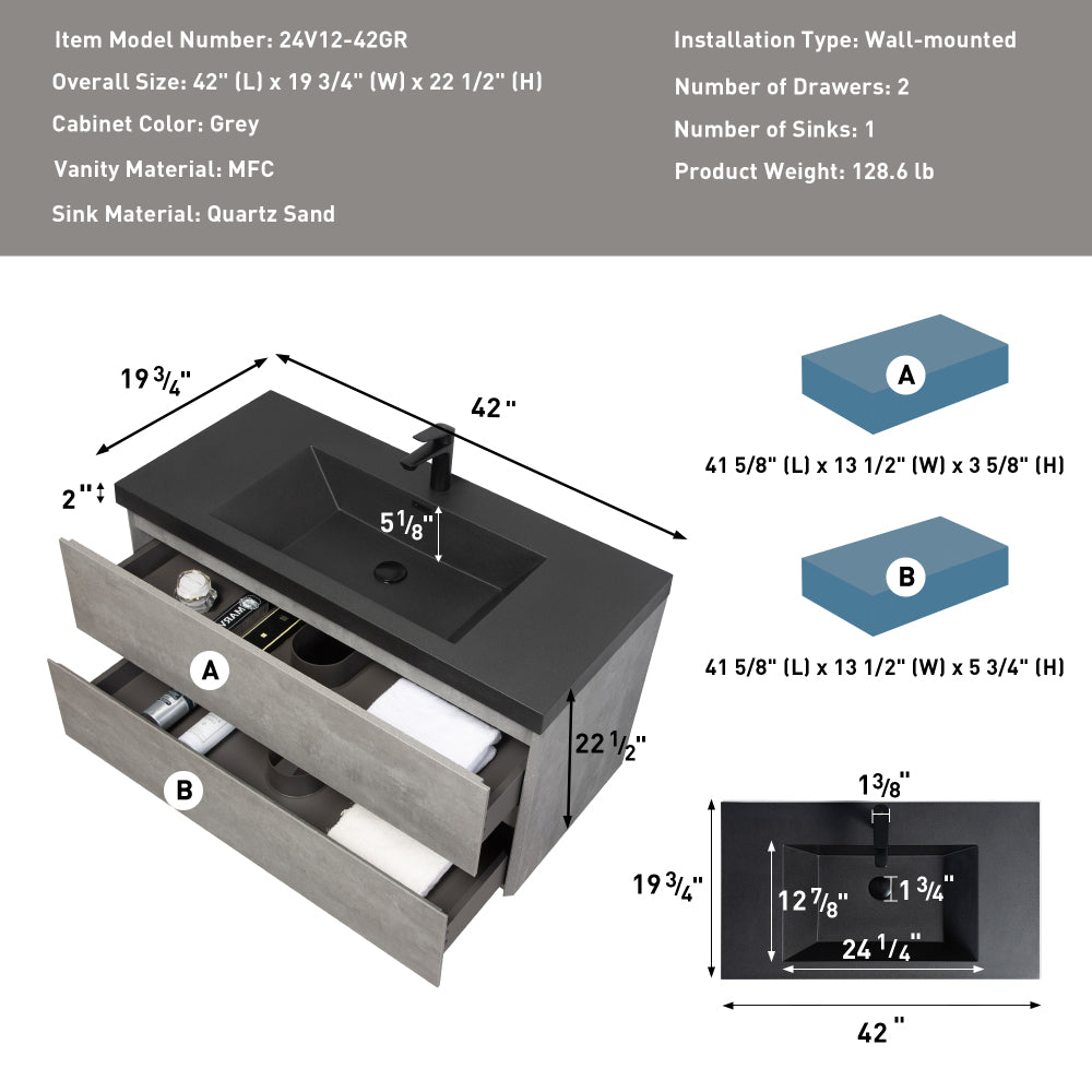 42" Floating Bathroom Vanity with Sink, Modern Wall-Mounted Bathroom Storage Vanity Cabinet with Black Quartz Sand Top Basin and Soft Close Drawers, Grey 24V12-42GR