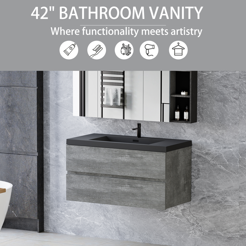 42" Floating Bathroom Vanity with Sink, Modern Wall-Mounted Bathroom Storage Vanity Cabinet with Black Quartz Sand Top Basin and Soft Close Drawers, Grey 24V12-42GR