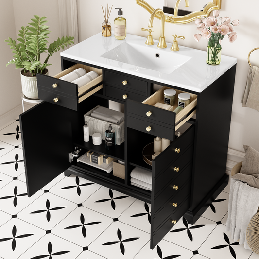 36'' Bathroom Vanity with Resin Sink Combo, Solid Wood Frame Bathroom Storage Cabinet, Freestanding Vanity Set with 2 Drawers& Soft Closing Doors, Black