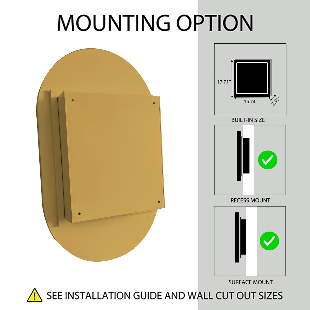 24x36 Inch Arched Recessed Medicine Cabinet, Metal Framed Bathroom Wall Cabinet with Mirror and Adjustable Shelves, Wall Mirror with Storage for Bathroom, Matte Gold