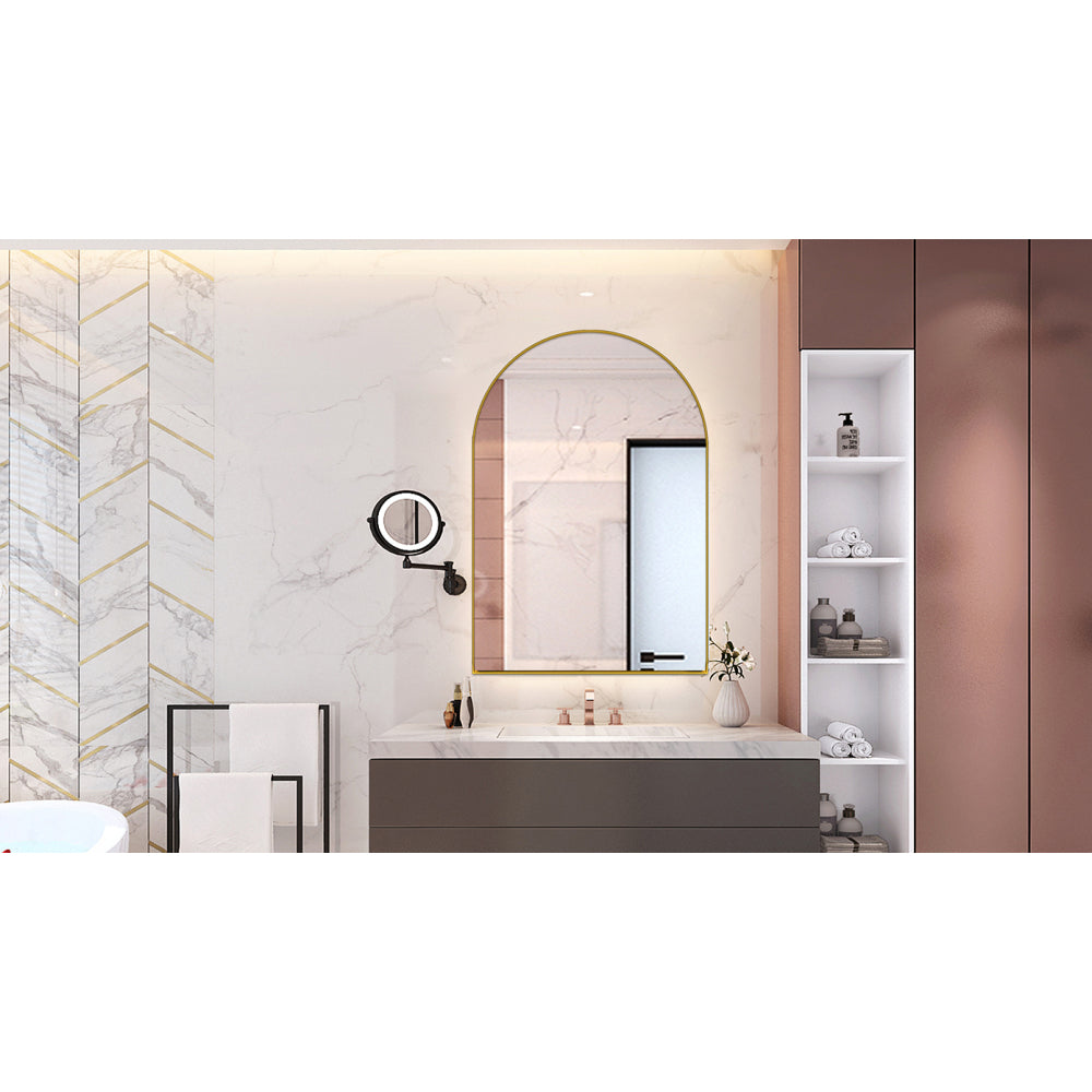 24x36 Inch Arched Recessed Medicine Cabinet, Metal Framed Bathroom Wall Cabinet with Mirror and Adjustable Shelves, Wall Mirror with Storage for Bathroom, Matte Gold