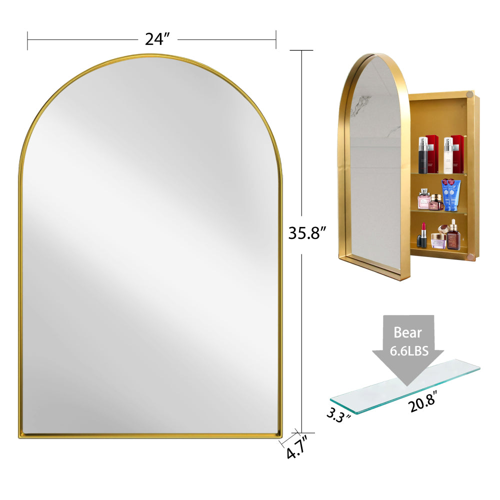 24x36 Inch Arched Recessed Medicine Cabinet, Metal Framed Bathroom Wall Cabinet with Mirror and Adjustable Shelves, Wall Mirror with Storage for Bathroom, Matte Gold